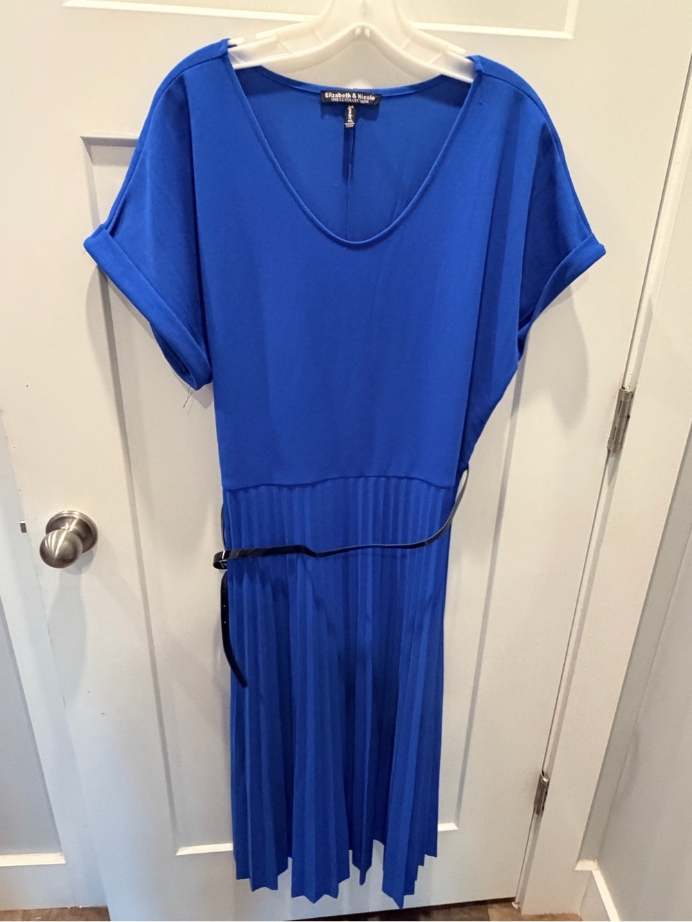 Elizabeth & Nicole 1XL Royal Blue Pleated Midi Dress Belted Short Sleeve